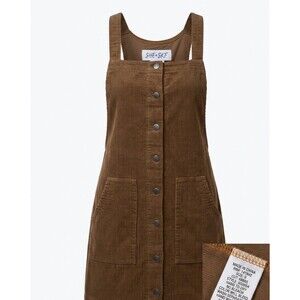 SHE + SKI Corduroy Overall Dress Brown Mini Pinafore Pocket Button Front Size S